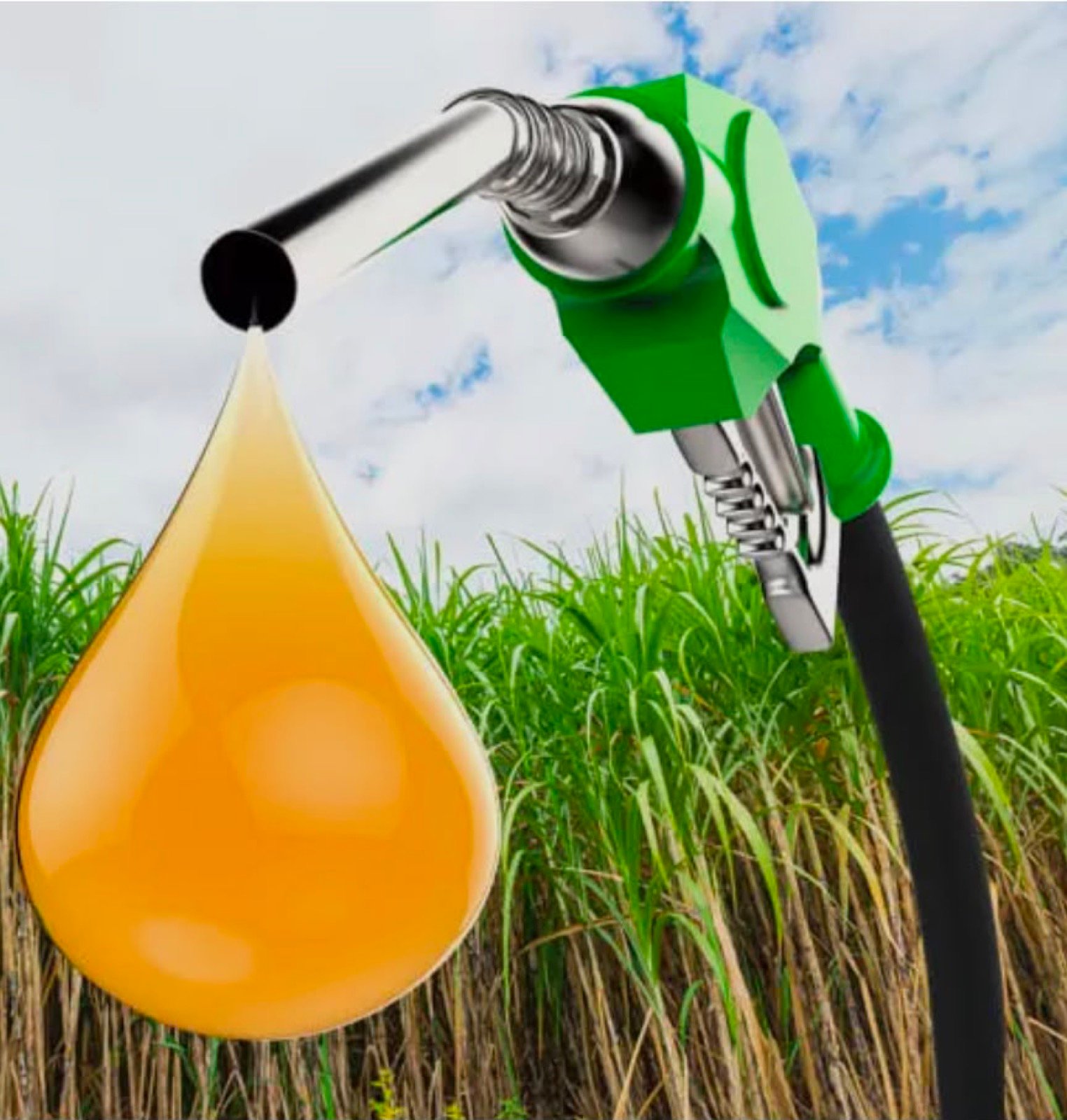 Illustration of bioethanol being dispensed above a field