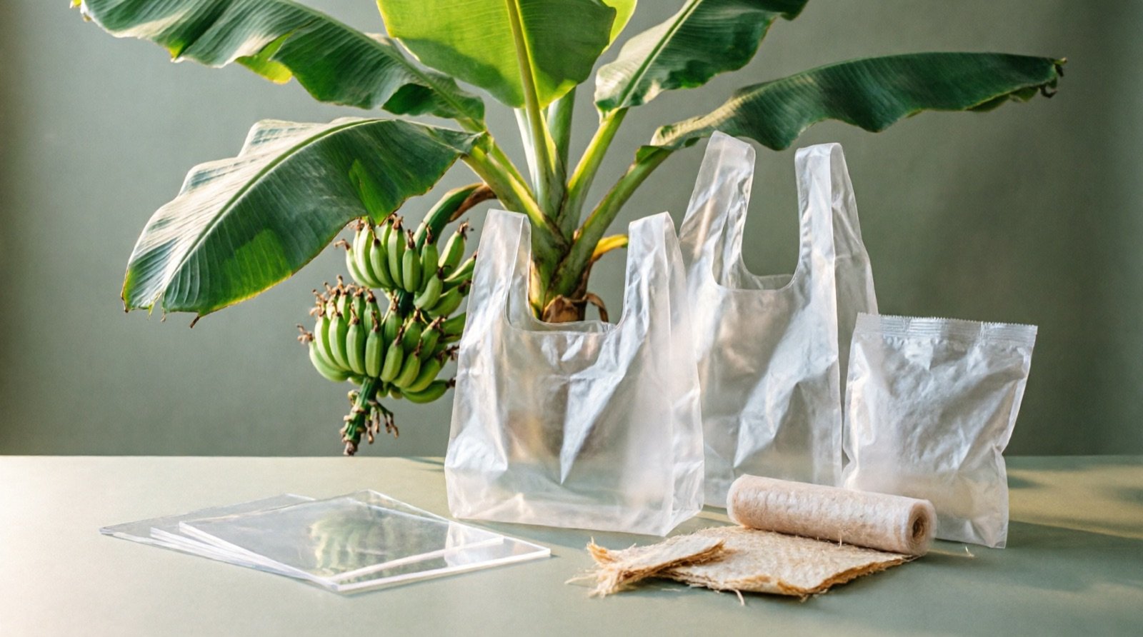BANANCO compostable bags, film and packaging displayed beside a banana plant