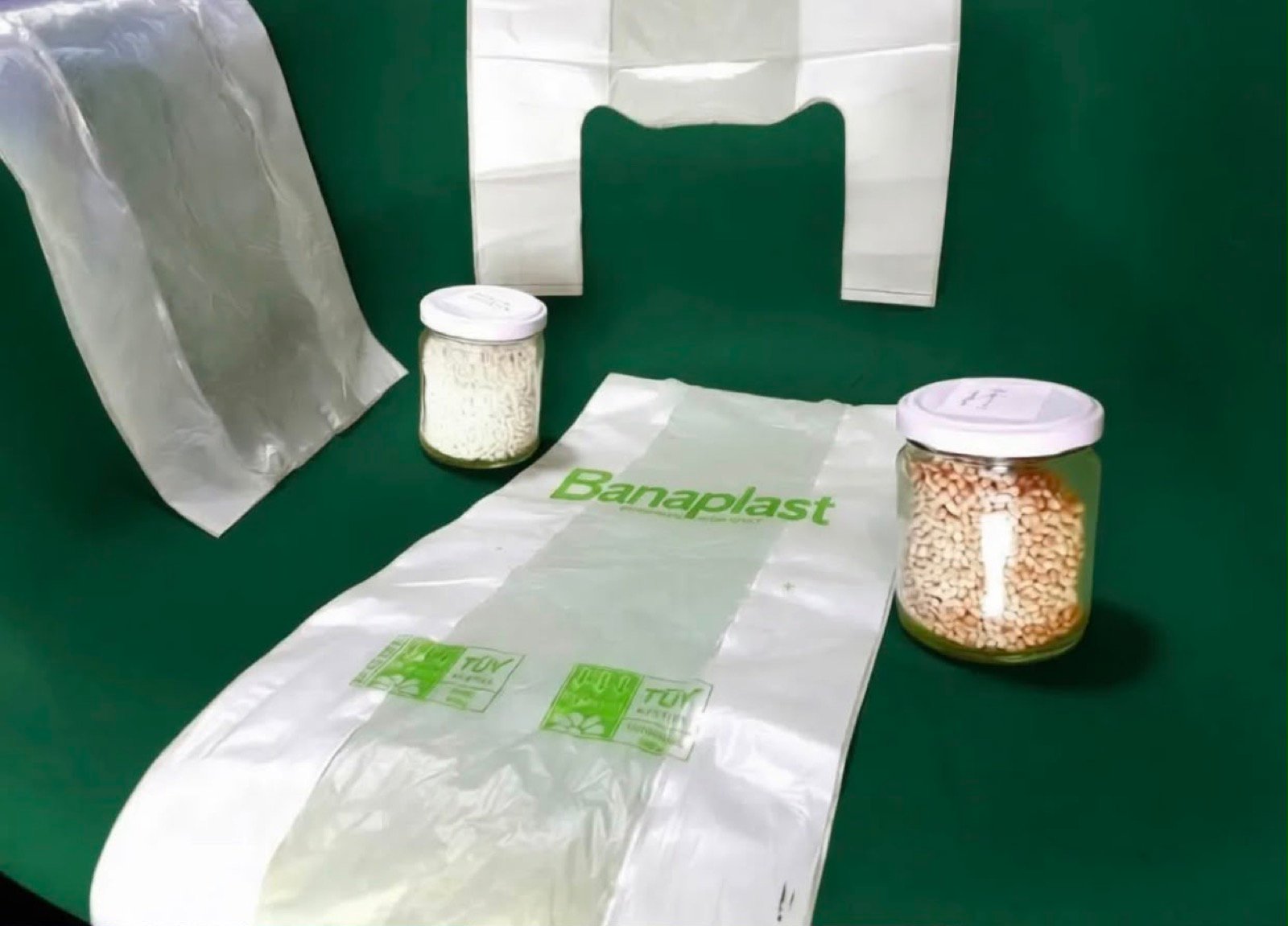 Banaplast compostable bags and bioplastic pellets carrying TUV compostability marks