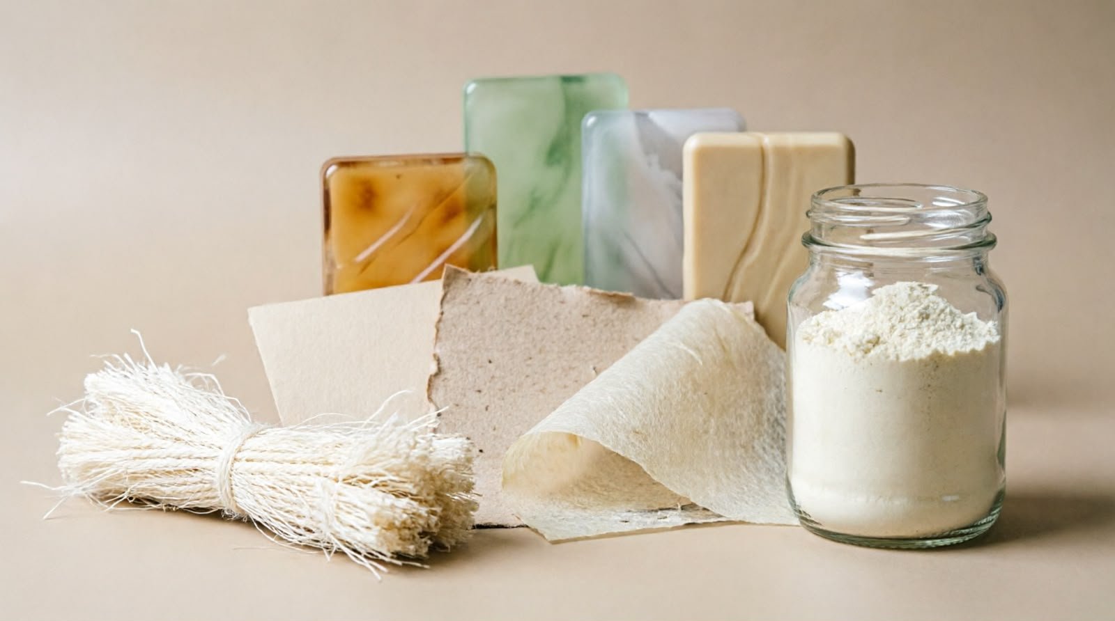 Banana fibre, handmade paper sheets, bio-composite tiles and cellulose powder